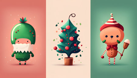 Cute christmas tree and gingerbread man characters vector illustration.の素材