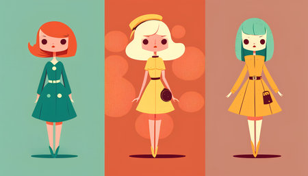 Fashionable girls. Cute cartoon characters. Vector illustration.の素材