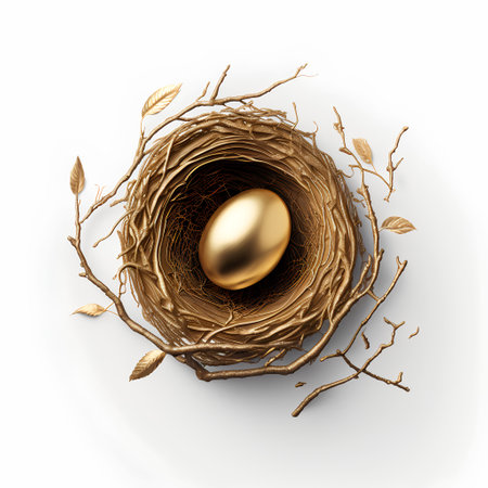 Golden egg in the nest on white background. 3D illustration.の素材