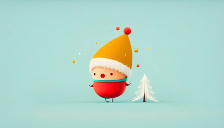 Christmas and New Year concept. Cute cartoon character in red Santa Claus hat on blue background.の素材