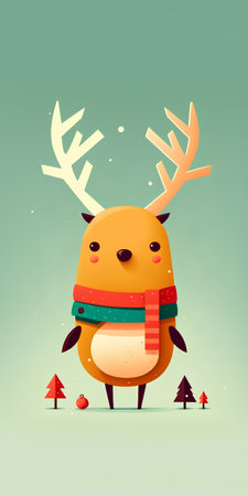 Cute cartoon reindeer with scarf and Christmas tree. Vector illustration.の素材