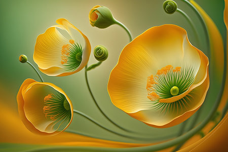 yellow poppies on a green background. 3d illustration.の素材