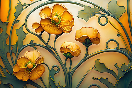 Abstract floral background with yellow poppies. 3D illustration.の素材