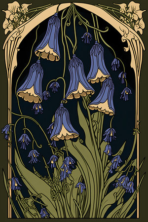 Illustration of bluebells in a frame on a dark backgroundの素材