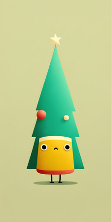 Funny Christmas tree character on green background. Minimal design.の素材