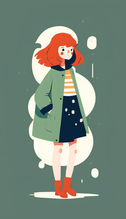 Vector illustration of a girl in a coat on a green background. Girl in winter clothes.の素材