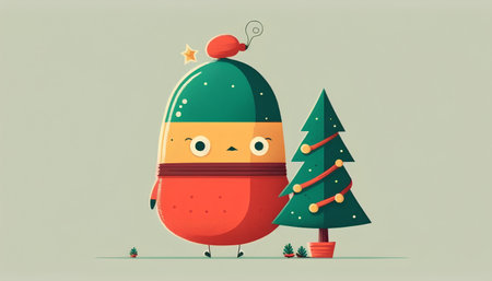Cute cartoon christmas tree and snowman. Vector illustration.の素材
