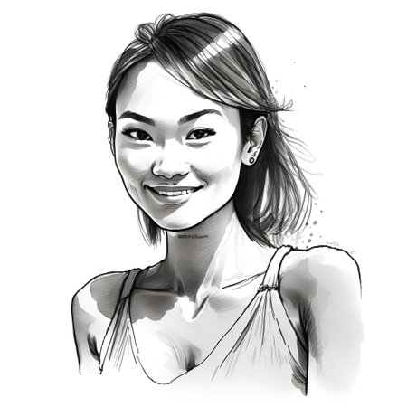 Hand drawn portrait of beautiful smiling young woman. Black and white illustration.の素材