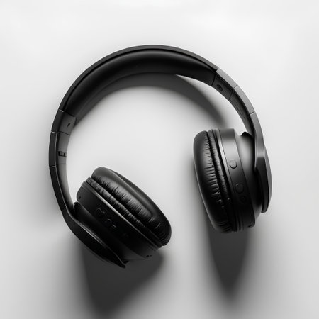 Black headphones on a white background. 3d rendering. Computer digital drawing.の素材