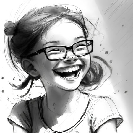 Sketch of a beautiful young girl in glasses on a white backgroundの素材