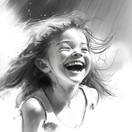 Portrait of a laughing girl with her hair flying in the windの素材
