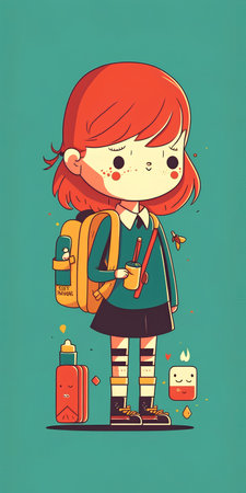 Cute little schoolgirl with backpack and books. Vector illustration.の素材