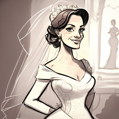 Beautiful bride in white wedding dress with veil. Vector illustration.の素材