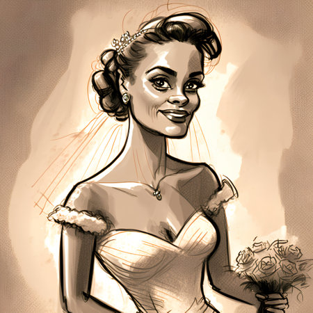 Beautiful bride in wedding dress with bouquet of flowers. Hand drawn illustrationの素材