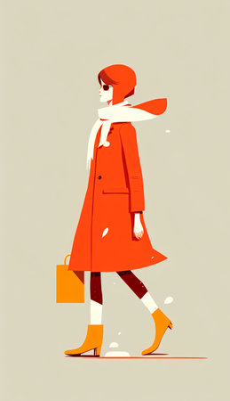 Vector illustration of a girl in a red coat with a briefcase.の素材