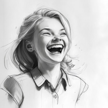 Portrait of a laughing young woman. Hand-drawn illustration.の素材