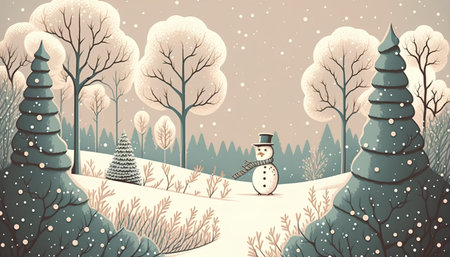 Winter landscape with snowman, trees and snowflakes. Vector illustration.の素材