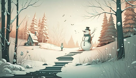 Winter landscape with snowman and wooden house in the forest, vector illustrationの素材