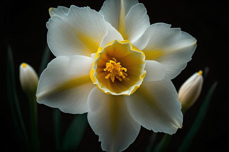 White daffodil on a black background. Close-up.の素材