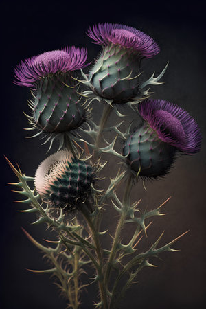 Milk Thistle (Cirsium vulgare) on dark backgroundの素材