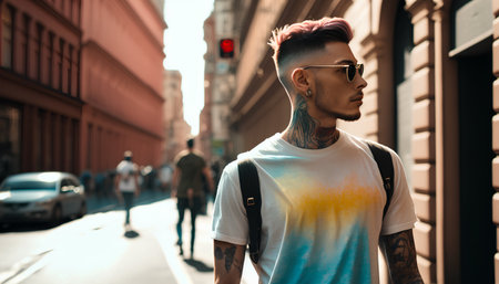 Handsome young man with tattoos on his arms, wearing a white T-shirt and sunglasses, walking in the city.の素材