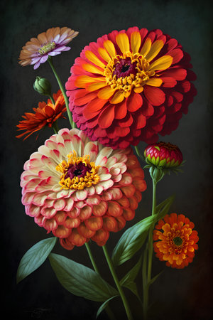 Bouquet of colorful zinnia flowers on a dark backgroundの素材