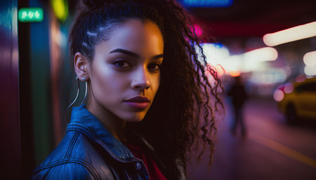Portrait of a beautiful african american woman in a night city.の素材