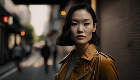 Portrait of a beautiful young asian woman walking in the cityの素材