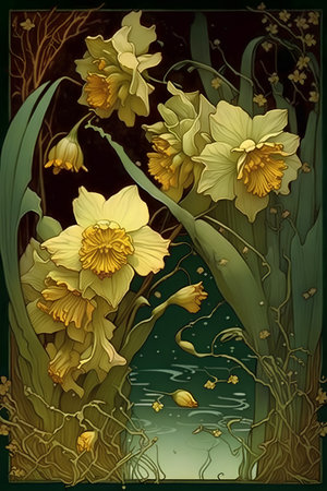 Narcissus. An illustration of daffodils.の素材