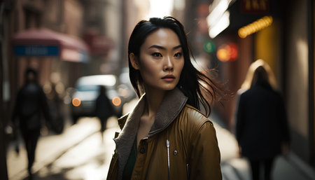 young beautiful asian woman walking in the city, lifestyle people conceptの素材
