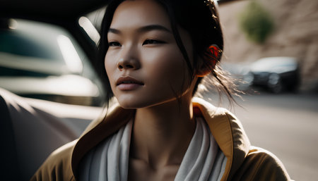beautiful young asian woman in yellow coat looking away in carの素材