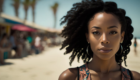 Portrait of a beautiful african american woman with afro hairstyle in the beachの素材
