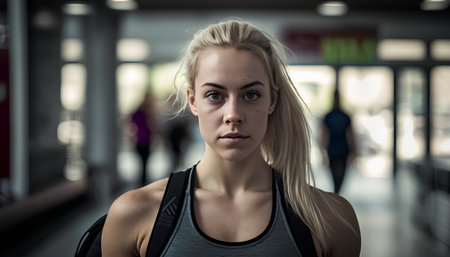 Portrait of a beautiful young woman in sportswear in the gymの素材
