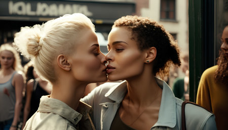 Two beautiful young women kissing in the street. Fashion and beauty.の素材