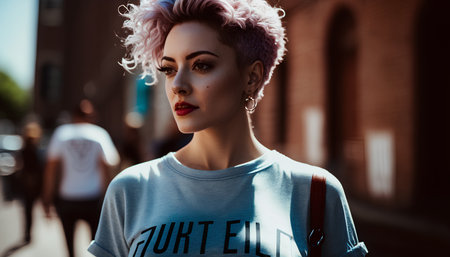 young beautiful hipster woman with pink hair in the city, lifestyle people conceptの素材