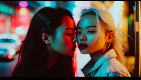 Two beautiful young asian women in the city at night. Close up portrait.の素材
