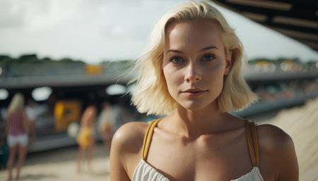 Portrait of a beautiful young blonde woman on the background of the seaの素材