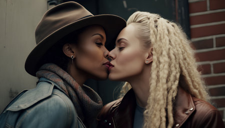 Two young women in hats kissing and looking at each other on the streetの素材