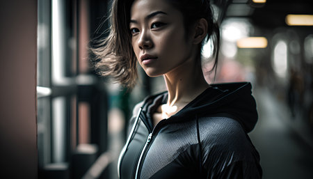 Portrait of a beautiful asian woman in black sportswearの素材