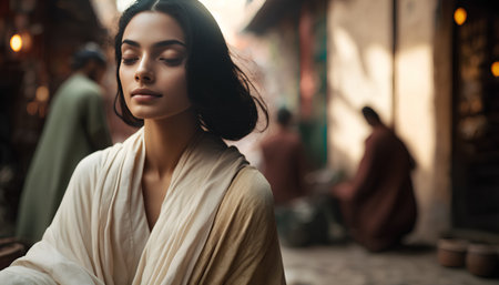 fashion interior photo of beautiful sensual woman with dark hair in elegant dress posing in old cityの素材