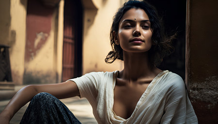 Portrait of a beautiful young woman in a white dress on the streetの素材