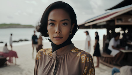 Portrait of a beautiful young asian woman on the beach.の素材