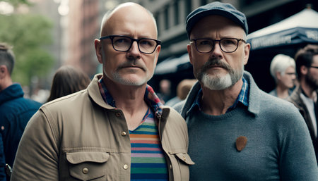 Portrait of two senior men on a street in New York.の素材
