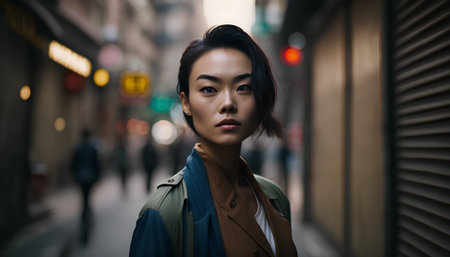 Portrait of a beautiful young asian woman walking in the cityの素材