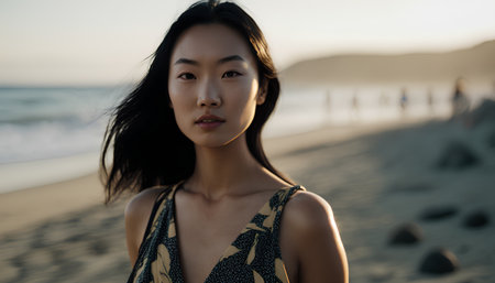 Portrait of a beautiful asian woman on the beach at sunsetの素材