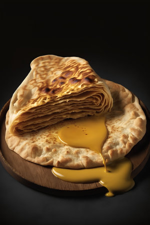 pancakes with honey on a wooden plate on a black backgroundの素材