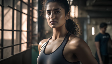 Portrait of a young fitness woman looking at camera in a gymの素材