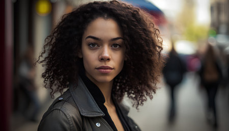 Portrait of a young beautiful african american woman with curly hair.の素材
