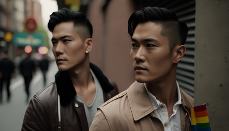 young asian gay couple with rainbow flags walking in the city streetの素材