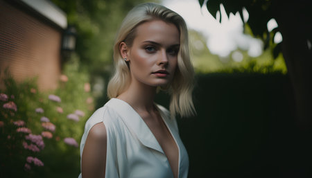 Portrait of a beautiful blonde woman in a white dress in the gardenの素材